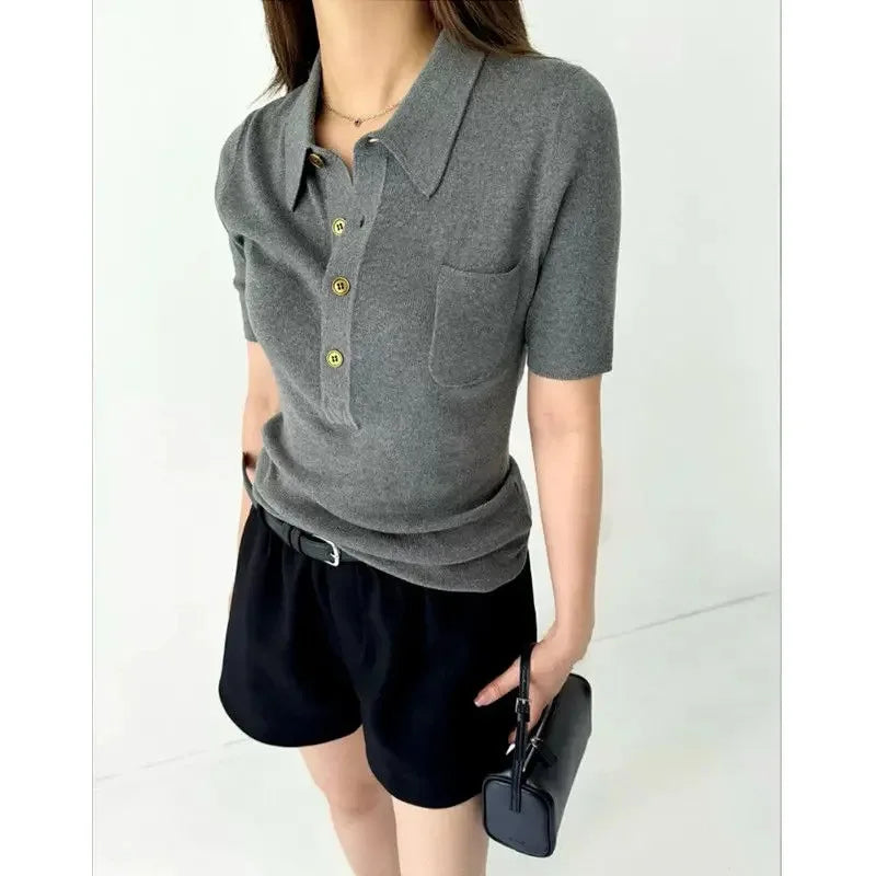 FANAN French Polo Collar Gray Short-sleeved Sweater for Women in Summer Short High-end Style Ice Silk Shoulder T-shirt Top