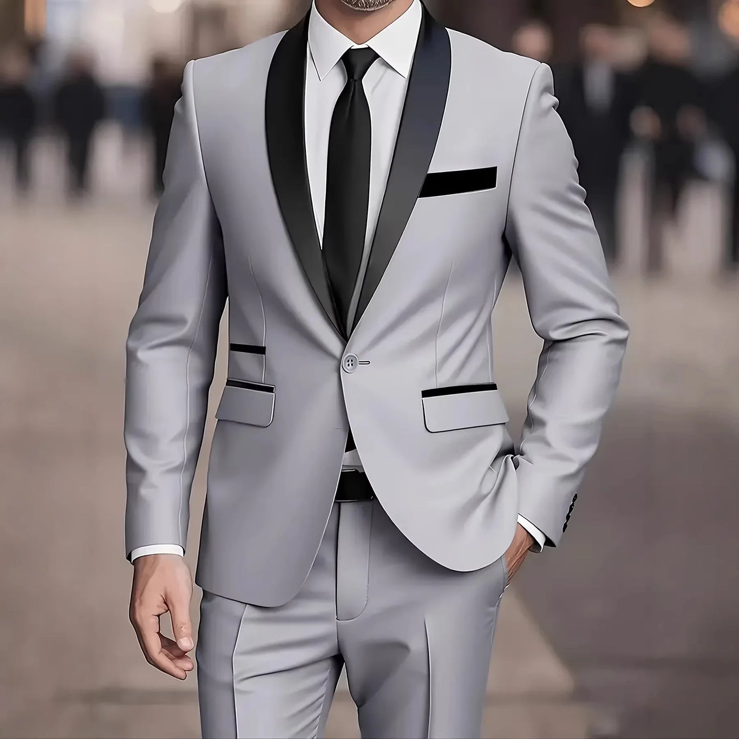 Men'S 2pcs Collar-And-Neckline, Single-Button, Slim-Fitting Solid-Color Jacket And Pants Set, Suitable for Men'S Dance Parties