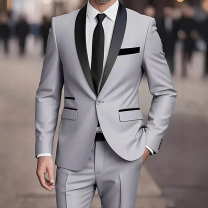 Men'S 2pcs Collar-And-Neckline, Single-Button, Slim-Fitting Solid-Color Jacket And Pants Set, Suitable for Men'S Dance Parties
