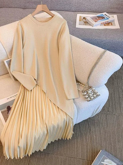 Elegant Long Sleeve Knitted Pleated Dress Autumn New Style plus Size Unique Loose Design Korean Commute Style Women's Dress
