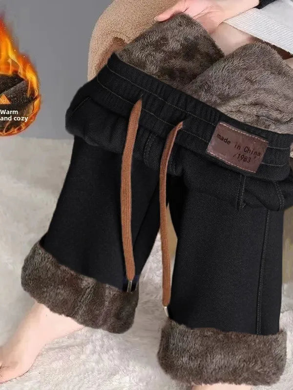 Women's Fleece Lined Wide Leg Pants High Waist Elastic Casual Mom Straight Leg Jeans Style Autumn Winter Fashion Loose Fit