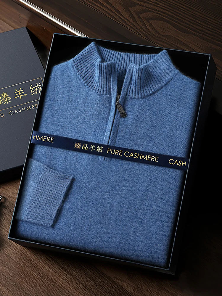 CHICUU Men's 100% Cashmere Sweater Zipper Pullover Mock Neck Long Sleeve Basic Cashmere Knitwear Autumn Winter Clothing Tops