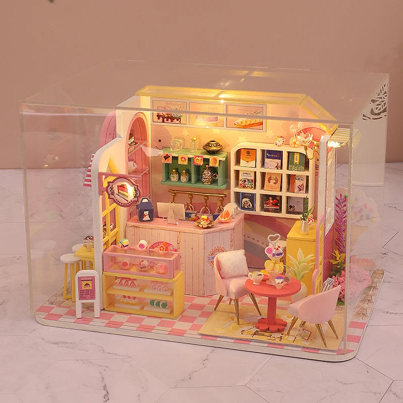 Wooden Dollhouse Kit Handmade Building Model Flower Garden 3D Puzzle Assembly Toy Miniature Doll House With Furniture Lighting