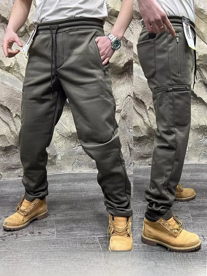 Thickened Fleece Lined Knitted Work Trousers Quick Dry Warm Elastic Outdoor Casual Multi Pockets Men's Autumn Winter Long Pants