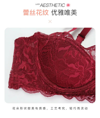 Sexy French Lace Push Up Bra Set for Small Chest, Anti Sagging Half Cup Demi Bra & Panty Lingerie Set, Sheer Adjustable Straps