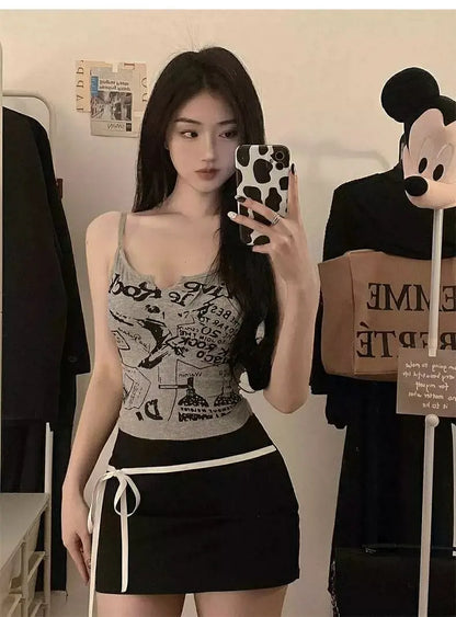 Sexy Y2K Spicy Girl  Strap Vest Women Summer American Short Print Sleeveless Top Inner Wear Commute Style Slim Fit