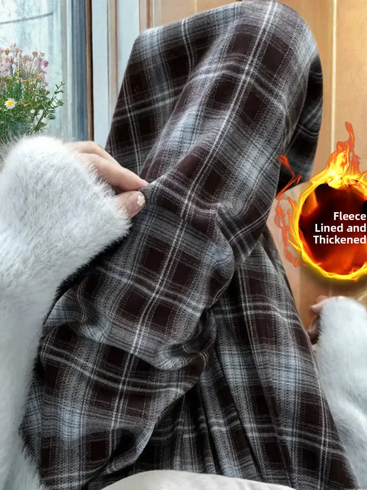 Lamb Velvet Fleece Lined Thick Plaid Casual Pants Women's Autumn Winter Loose Straight Leg Wide Leg Cotton Sleepwear Trousers