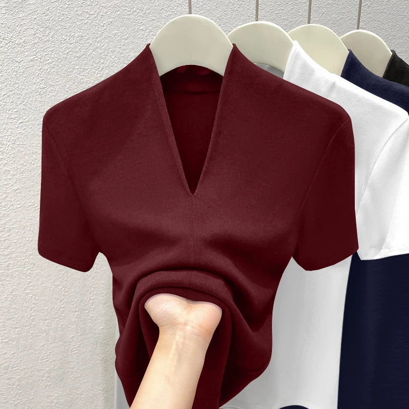 Premium Quality Short Sleeve V-Neck T-Shirt Women's Fashion Shoulder Design Versatile Base Shirt Summer Wear Comfortable Fit