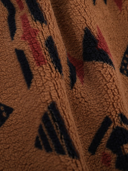 Men's Retro Ethnic Geometric Print Fleece Shirt Jacket Winter Thick Warm Sherpa Casual Coat