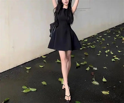 Summer New Women's Sleeveless Vest Dress Pure Color Waist-Cinching Slimming A-Line Skirt Short Dress Regular Sleeve Polyester