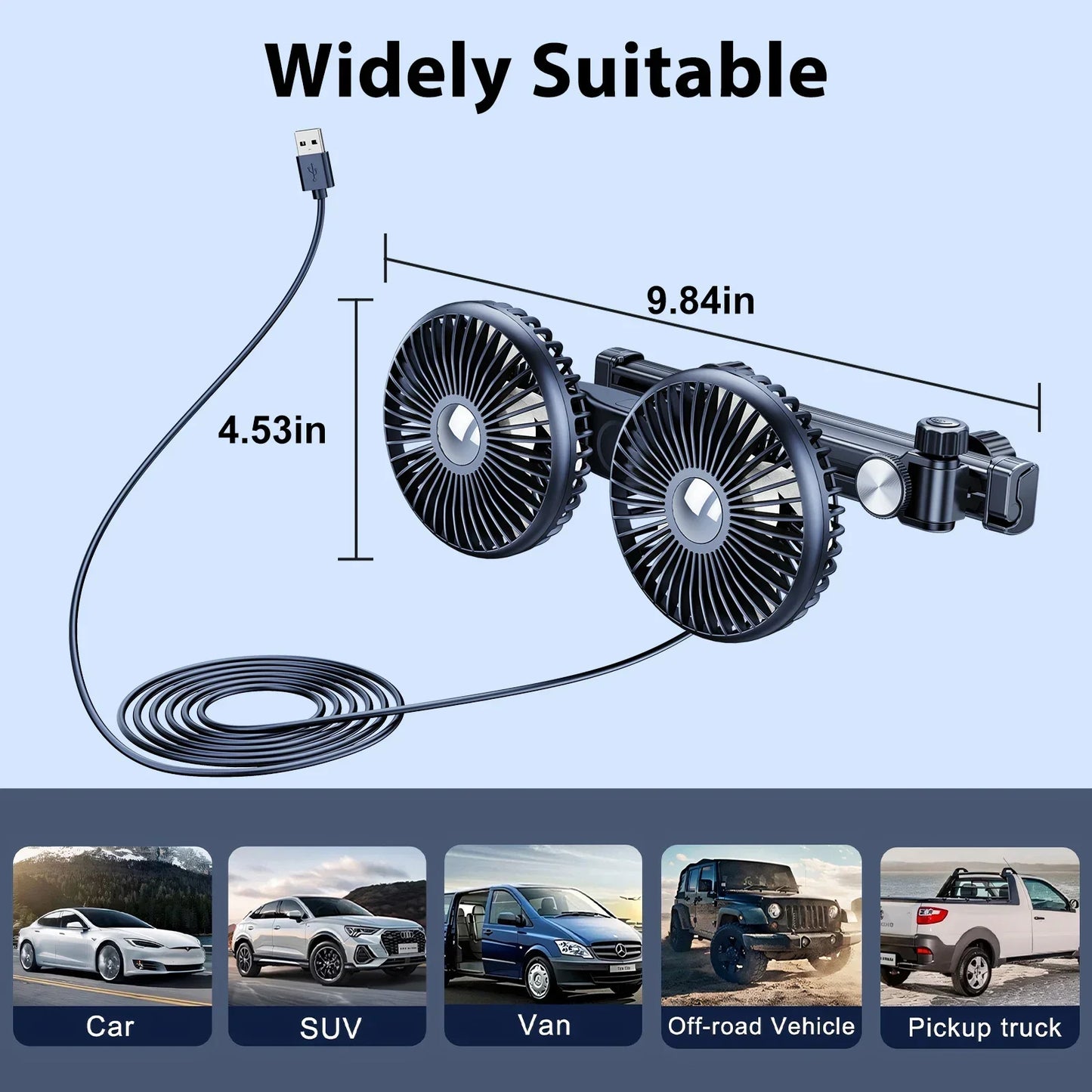 Hipacool Battery Dual Head Fan for Car Backseat with Retractable Long Arm USB Rechargeable Car Seat Headrest Cooling Fan
