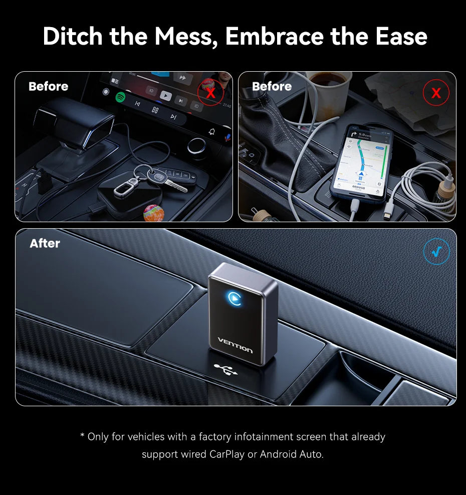 Vention 2in1 Wireless CarPlay Adapter Android Auto For OEM Car Plug and Play AI Smart Box WiFi Bluetooth Auto Connection
