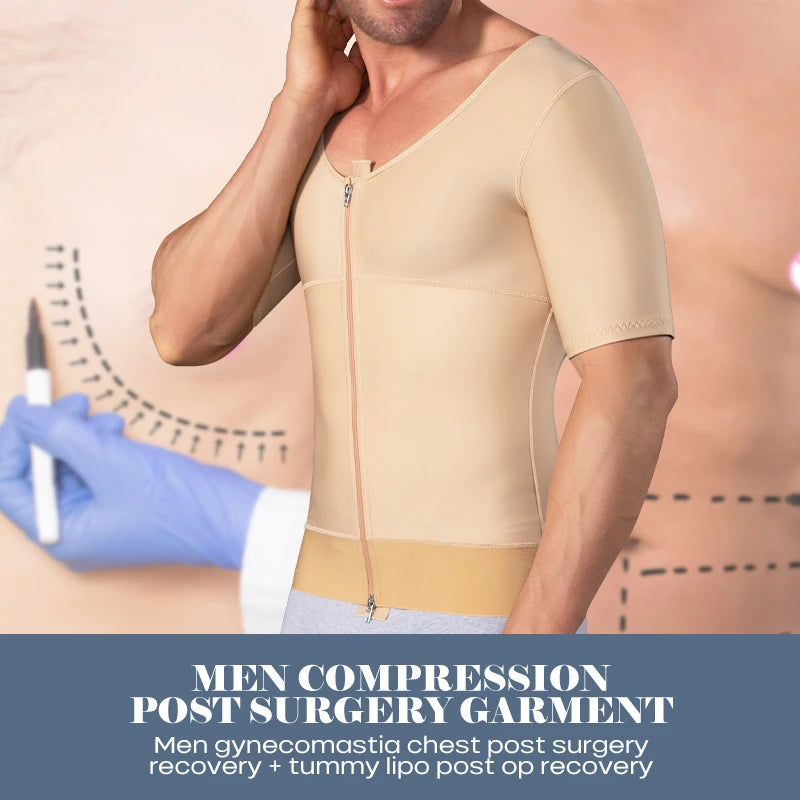 Men's Slimming Body Shaper Vest with Tummy Control Short Sleeve Post-Op Surgery Gynecomastia Lipo Faja Shapewear Top