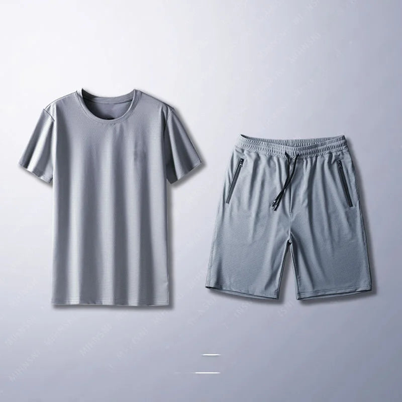 Ice Silk Men's Casual Pants Sports Set Air Conditioning Pants Quick Dry Trendy Large Size Short Sleeve T-Shirt Mesh Summer Wear