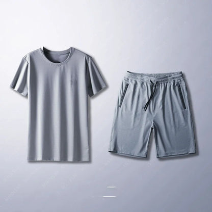 Ice Silk Men's Casual Pants Sports Set Air Conditioning Pants Quick Dry Trendy Large Size Short Sleeve T-Shirt Mesh Summer Wear