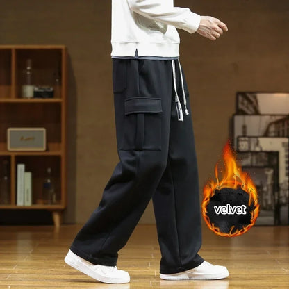 Winter Velvet Fleece Sweatpants Men Baggy Joggers Cargo Pants Neutral Breathable Loose Outdoor Solid Color Wide Legged Trousers