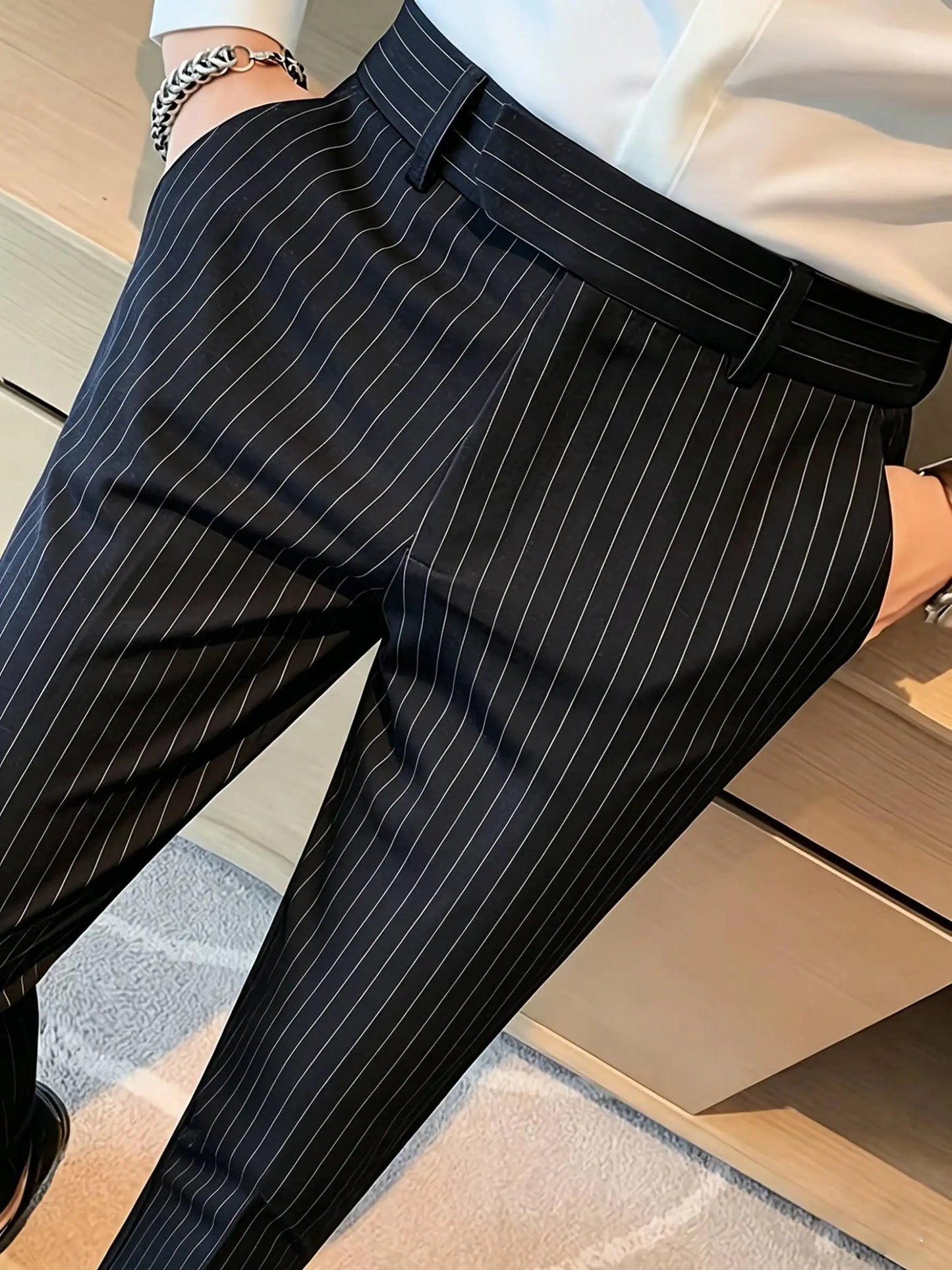 Men's Business Casual Slim Fit Long Pants Stripe Drape-able Iron-Free Elegant Stylish Versatile Dress Trousers