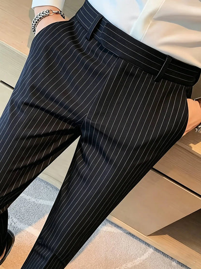 Men's Business Casual Slim Fit Long Pants Stripe Drape-able Iron-Free Elegant Stylish Versatile Dress Trousers