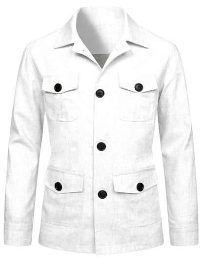 Men's Linen Blend Safari Jacket Retro British Style Multi-Pocket Workwear Coat Business Casual Suit Blazer for Spring Summer