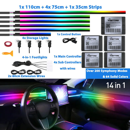 6/18/22 in 1 Led Acrylic Car Ambient Light RGB 64 213 Color Symphony Acrylic APP Streamer Rainbow Atmosphere Lamp Kit Dual Zone
