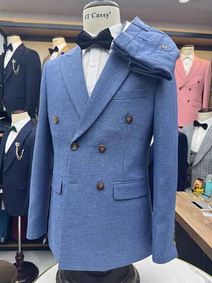 ST Cassy 2-Piece Set (Jacket + Pants) Double-Breasted Man Suit Blue Modern Wedding Suits for Men Slim Fit Business Office Suit