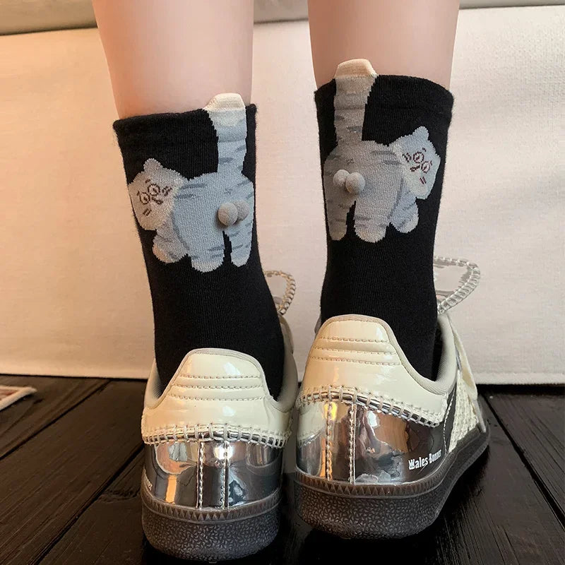 1pairs  Cat Printed Three Dimensional Mid Tube Socks Sweat Absorbing Breathable Soft Casual Couples Socks for Men Women