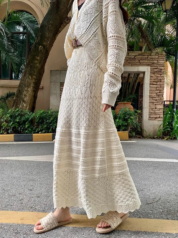 Kumikumi Lazy Style Hollow out Knitted Cardigan Jacket Women's High Waist  Skirt Fashion Set Spring 2025 Acrylic Fabric