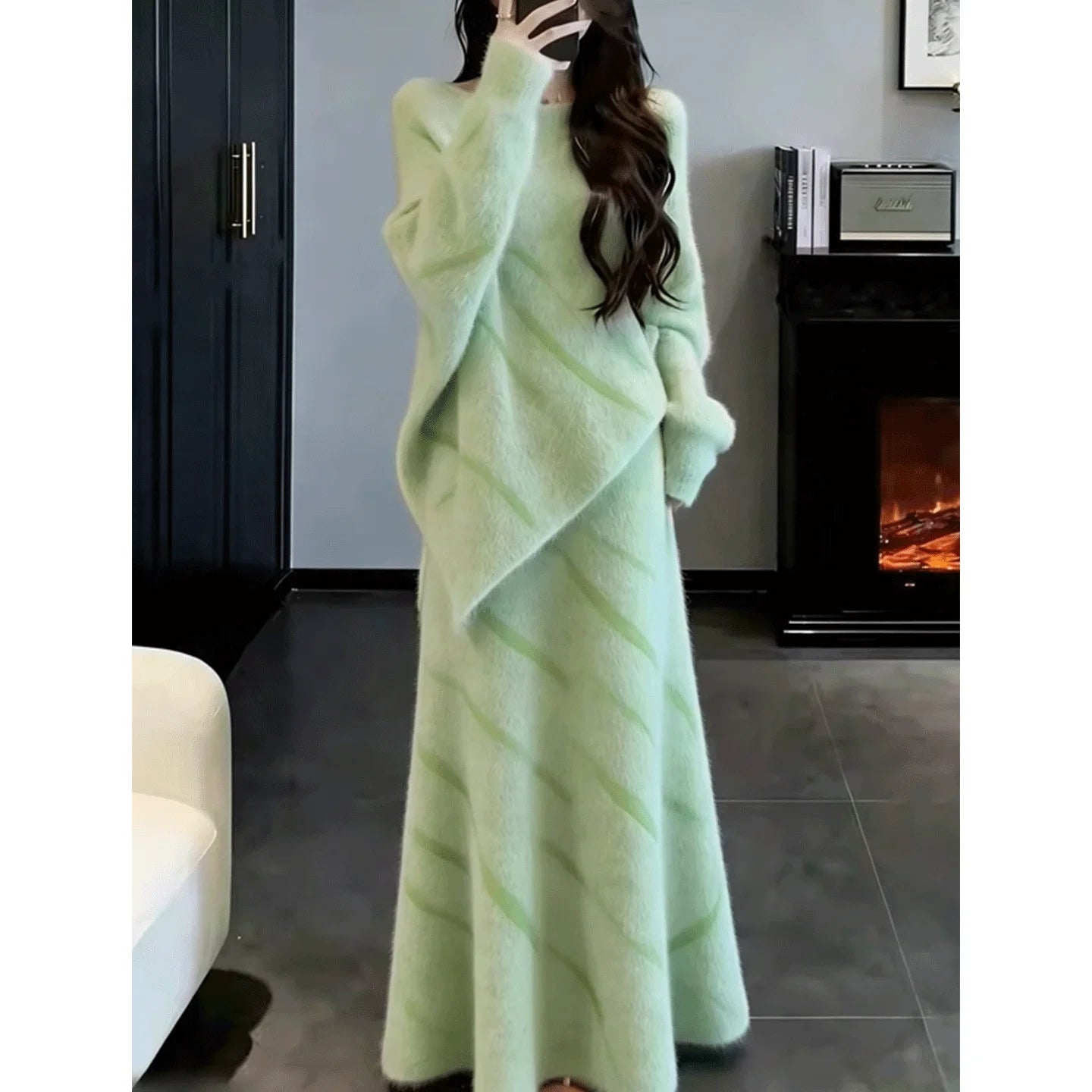 Cozy Lazy Knitted Set Women Winter Sweater  Skirt Two Piece Set 2026 Super Popular Outfit Whole Set Long Sleeve round Neck