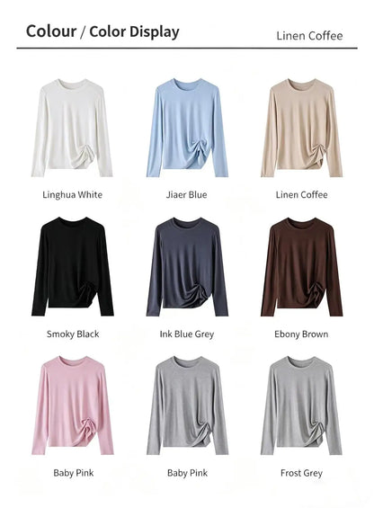 Niche Luxury Women's Solid Color Crew Neck Long Sleeve Knit Top, Soft Breathable Fabric, Casual Daily Inner Wear for Summer