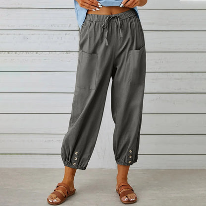 New loose fit high waisted buttoned cotton and linen pants, 9/10 Wide leg women's pants