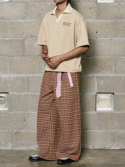 2026 SS Jacquard Plaid Woven Men Pants, Pleated Design, Zipper Fly, Cross Pockets,Loose Straight Wide Leg Commuter Suit Pants