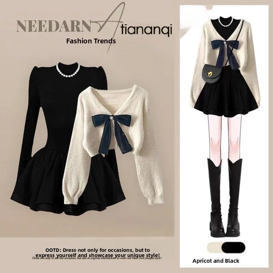 Korean Style  Knot Short Knitted Sweater Dress Two Piece Set Slimming Waist Design Casual Fashion for Women
