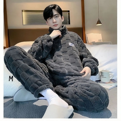 2026 New Coral Fleece Sleepwear Men's Fashionable Warm Flannel Spring Autumn Winter Thickened Outdoor Wear Home Clothes
