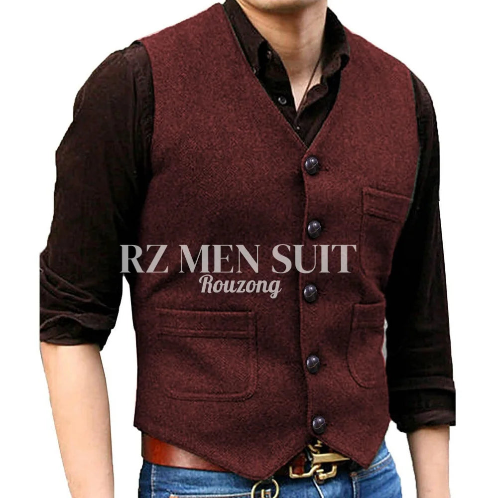 Mens Vintage Tweed Suit Vest V Neck Casual Wool Waistcoat for Wedding Groomsmen chaleco hombre