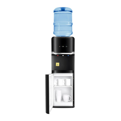 Water Dispenser Black Rectangle PP Injection Molding Floor Standing US Plug 110 127V 60Hz 1.5m Cord 75W Cooling 550W Heating 0.75L H Cold Output 5L H Hot Output Cold Water 10 15℃ Hot Water 85 95℃ Max 18.9L Bucket Indoor A