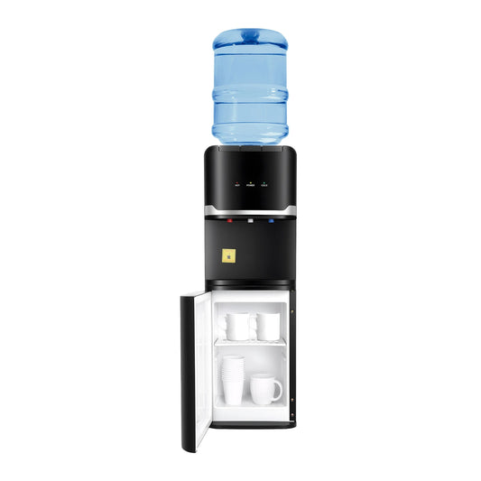 Water Dispenser Black Rectangle PP Injection Molding Floor Standing US Plug 110 127V 60Hz 1.5m Cord 75W Cooling 550W Heating 0.75L H Cold Output 5L H Hot Output Cold Water 10 15℃ Hot Water 85 95℃ Max 18.9L Bucket Indoor A