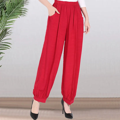 High Waist Lantern Pants Casual Cotton Silk Large Size Printed Long Trousers for Middle-Aged And Elderly Women