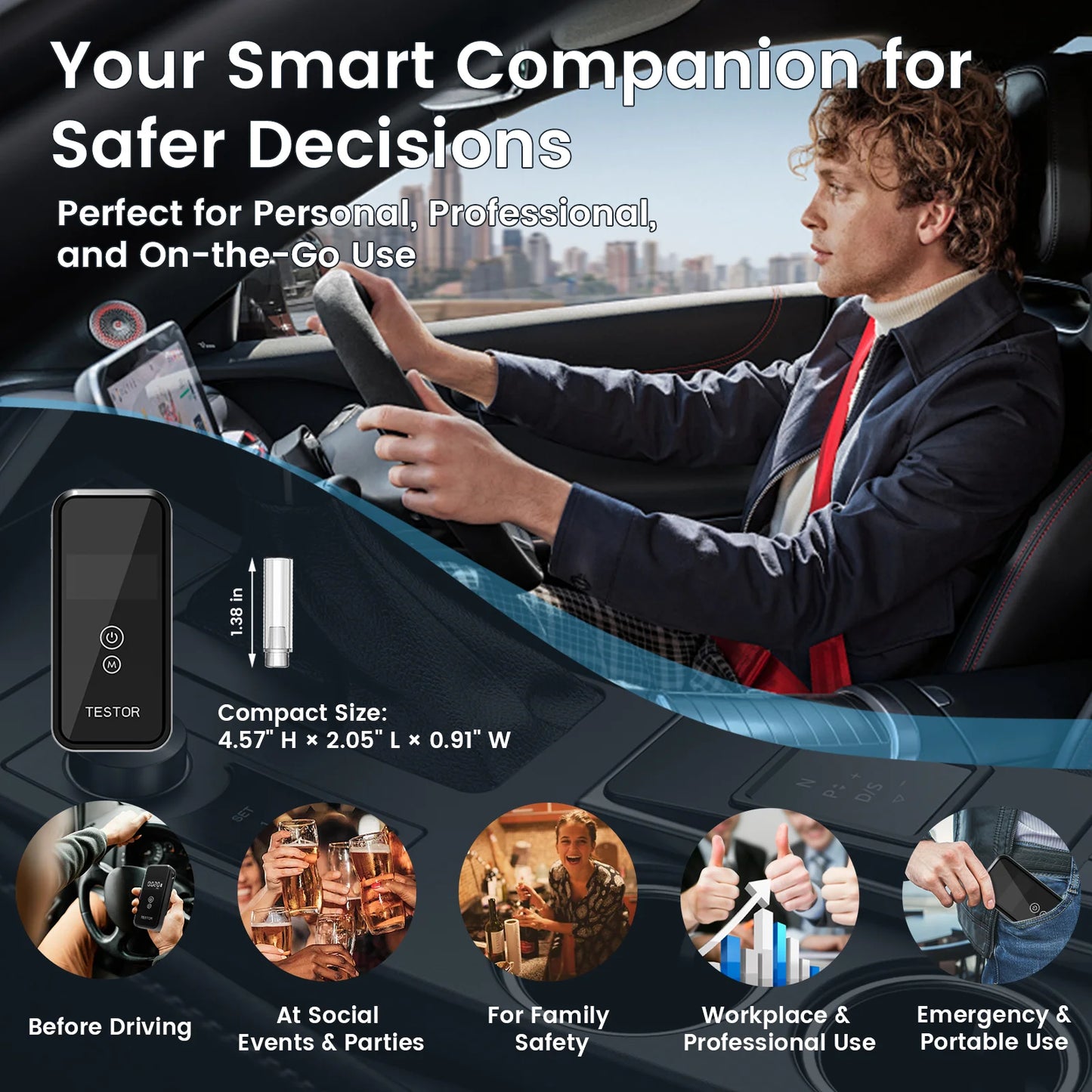 Digital Display Professional Breathalyzer Alcohol Tester with 8 Reusable Mouthpieces for Home Car Use Accurate Portable