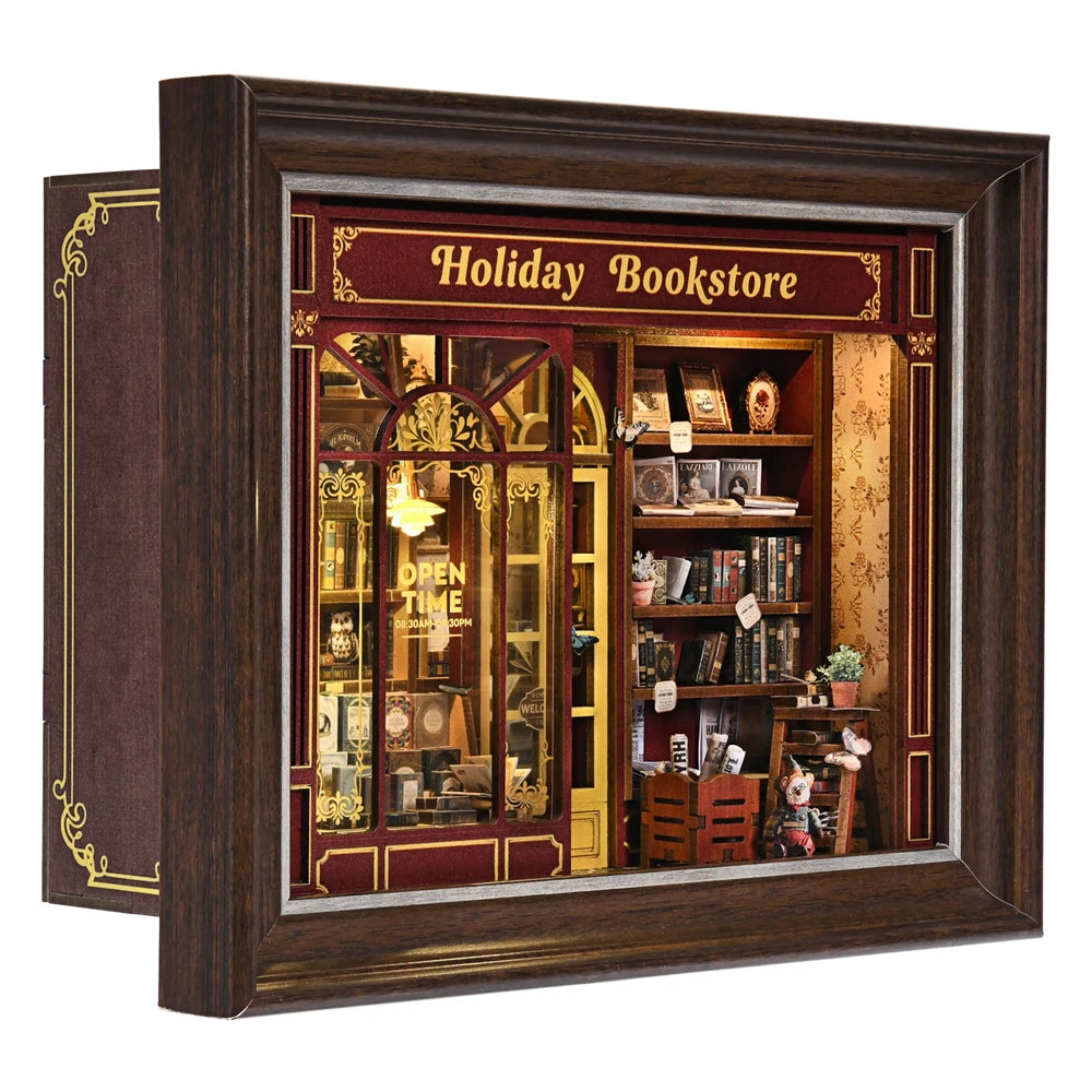 Book Nook Kit Holiday Bookstore DIY 3D Wooden Puzzle Dollhouse Photo Frame Ornament Model Bookend Building Home Decoration