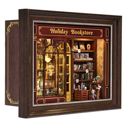 Book Nook Kit Holiday Bookstore DIY 3D Wooden Puzzle Dollhouse Photo Frame Ornament Model Bookend Building Home Decoration