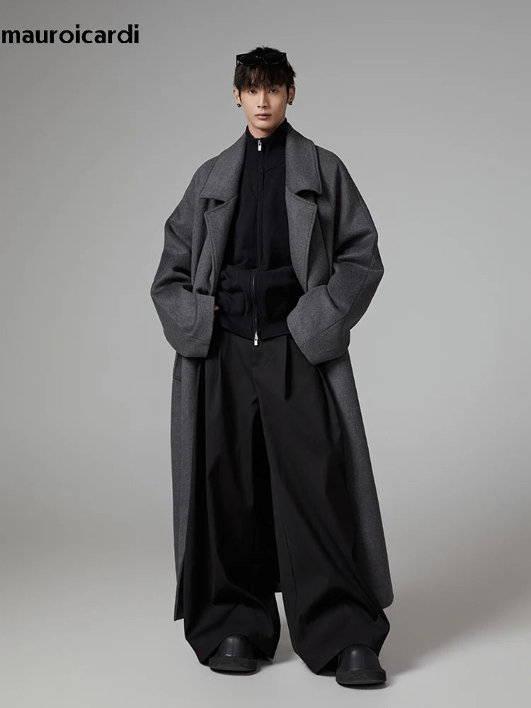 Mauroicardi Autumn Winter Oversized Extra Long Warm Gray Wool Blends Coat Men Sashes Raglan Sleeve Luxury Woolen Overcoat 2024