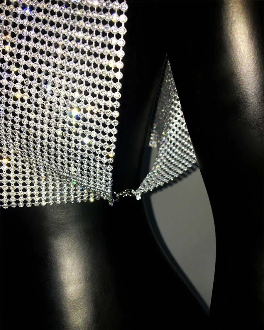 Shiny Rhinestone Metal Sequins Crop Tops Summer Women Sexy Round Neck Handmade Camisole Nightclub Party Club Tank Tops