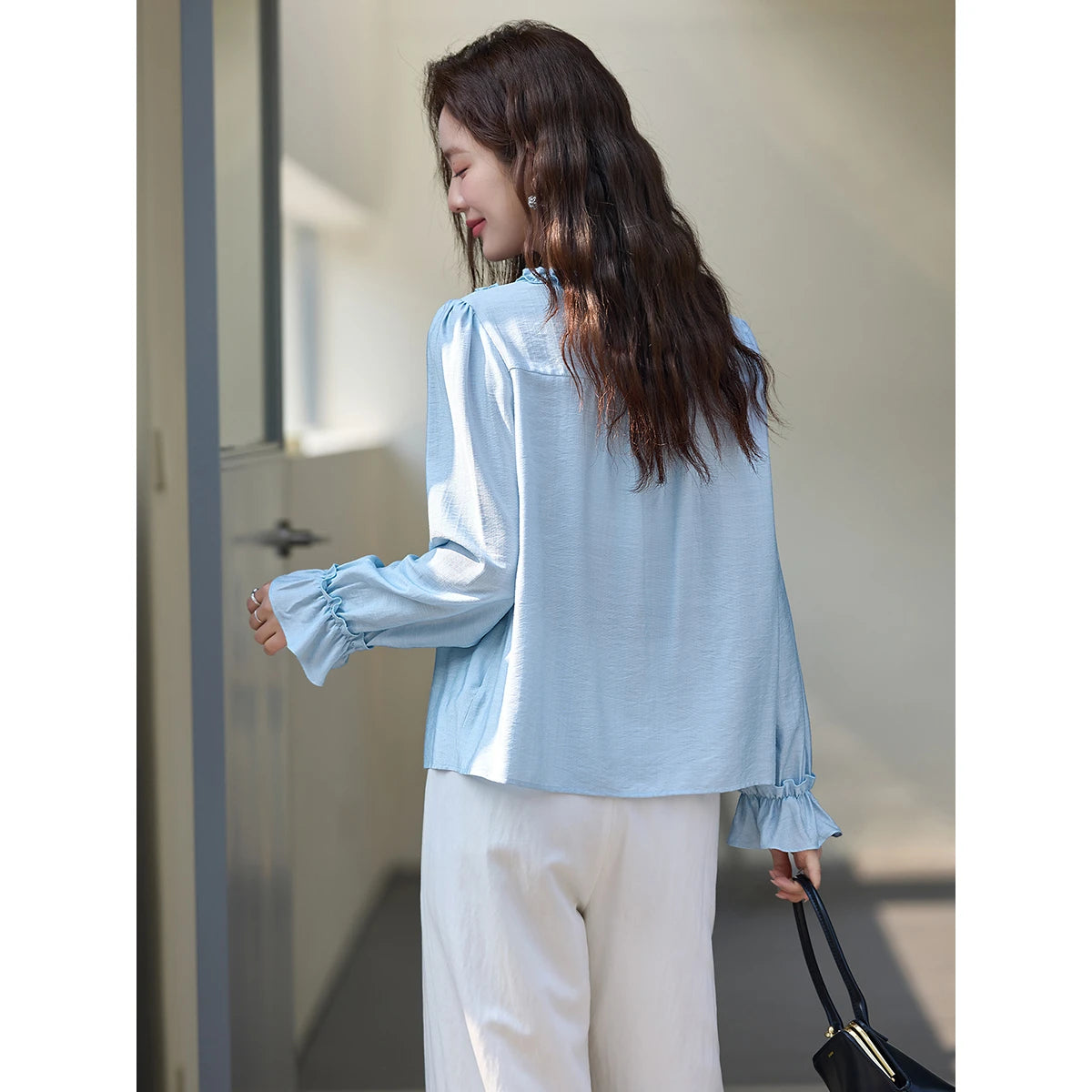 VIMLY Women‘s Versatile Blouses 2026 Spring New French Style V Neck Ruffle Trim Loose Fit Elegant Daily Long Sleeve Shirt A3838