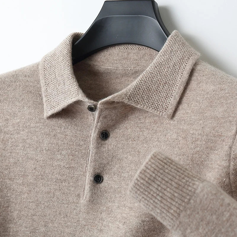 Autumn And Winter 100% Pure Wool Men's Polo Lapel Sweater Loose Large Size Casual Knit Bottoming Shirt
