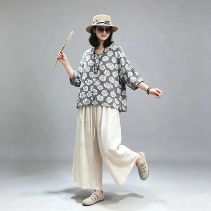 Floral Loose Top Women Summer Casual Short Sleeve T-shirt LX5849