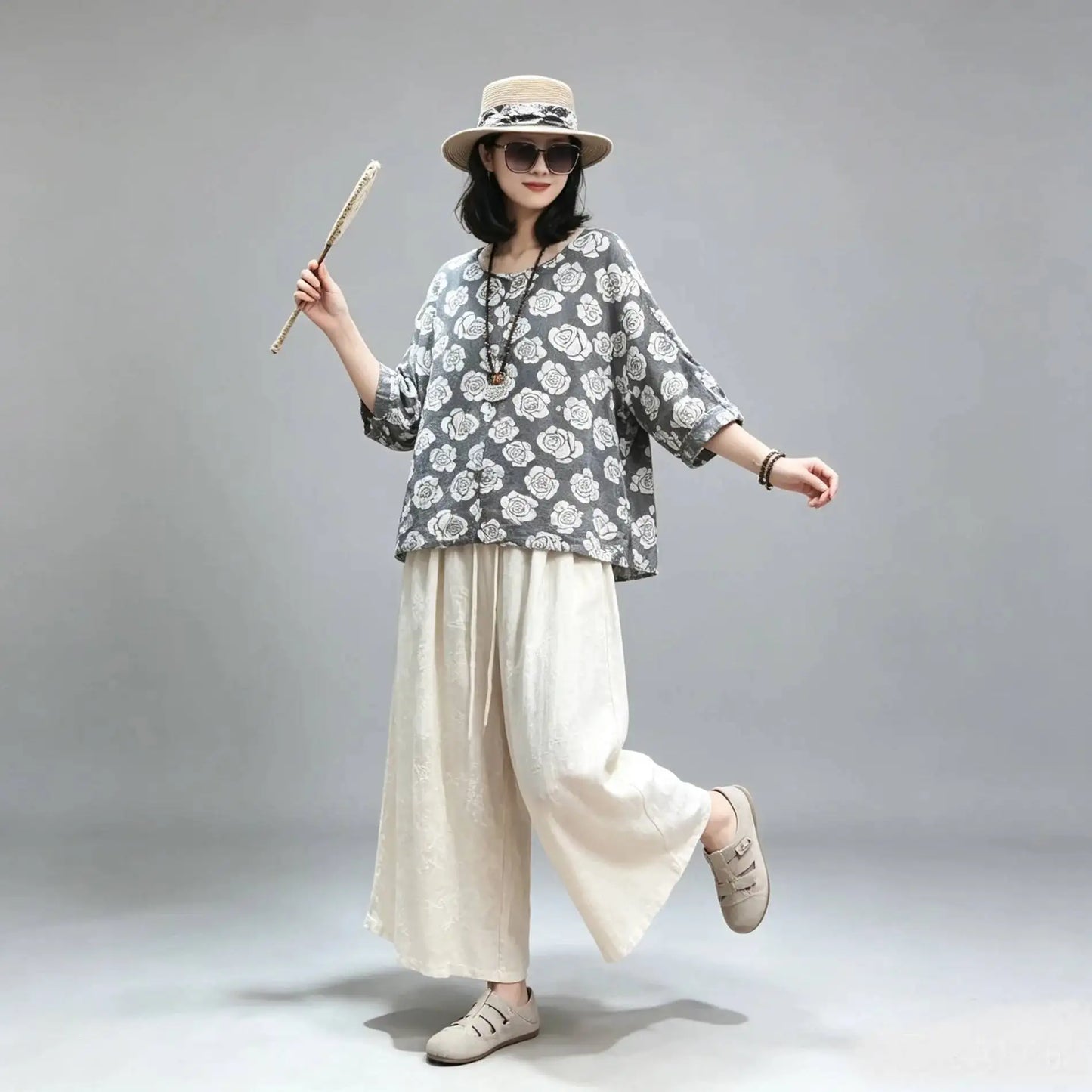 Loose Cropped Wide-leg Pants Women Summer Casual Pant LX5850