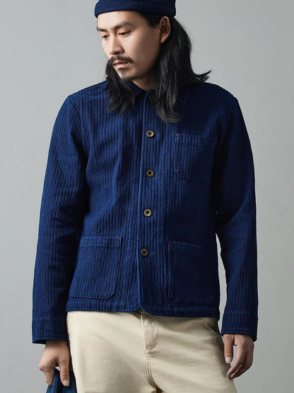 Indigo Handmade Plant Blue Dyed Jacket Casual Versatile French Work Jacket Sashiko Long-Sleeved Jacket