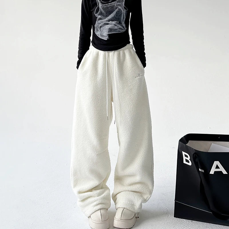High Waist Drawstring Straight Leg Fleece Lined Casual Pants Women's Thickened Winter Fashion Korean Style Warm Trousers