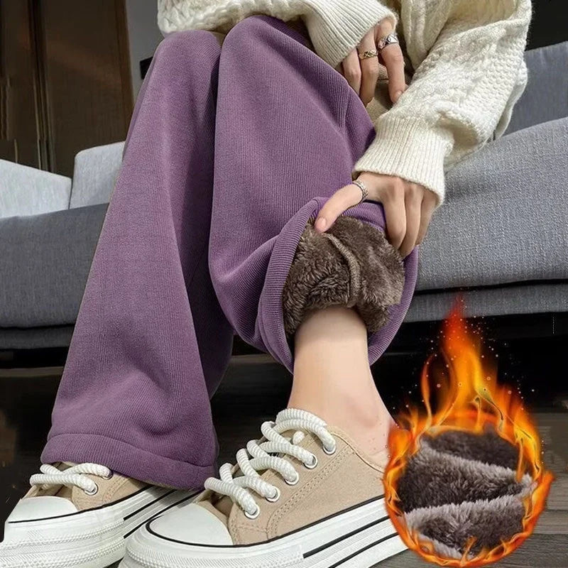 Women's High Waist Fleece Lined Thickened Straight Leg Pants Autumn Winter New Style Casual Polyester Fiber Slimming Effect