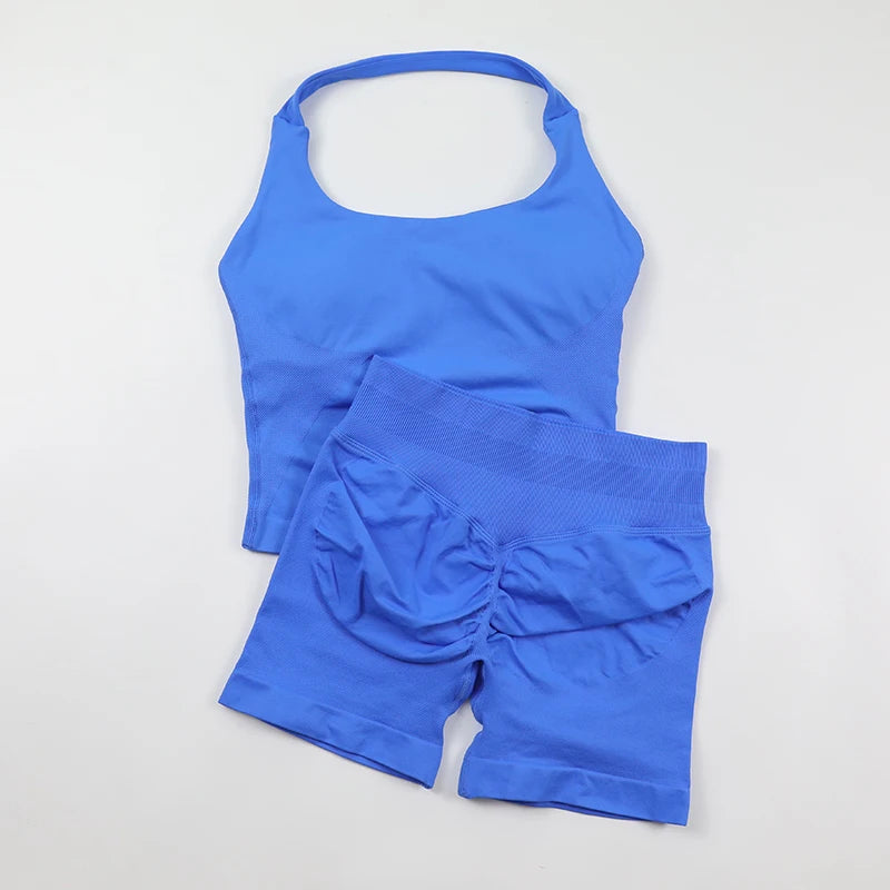 Women's Halter Neck Backless Yoga Set Seamless 2-Piece Outfit Ribbed High-Waist Scrunch Shorts Butt Lifting Gym Pilates Fitness